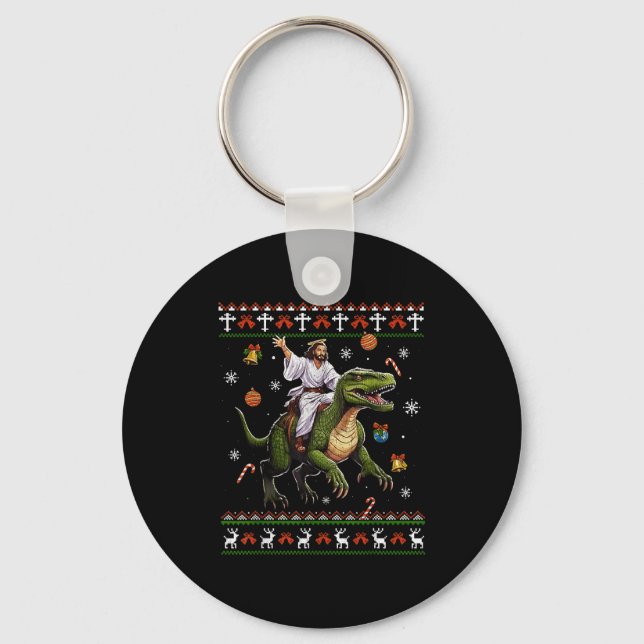 Porte-clés Jesus Riding Dinosaur Funny Meme Ugly Christmas Sw (Recto)