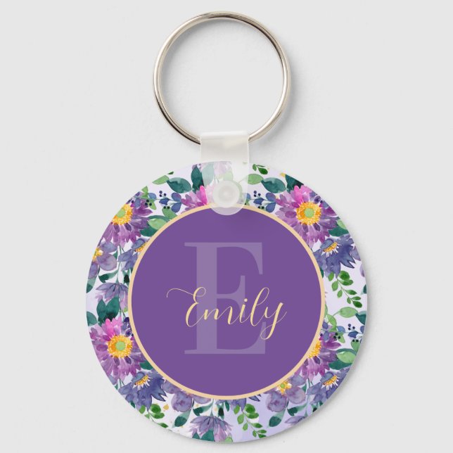 Porte-clés Joli bleu violet Florales Nom Monogramme (Recto)