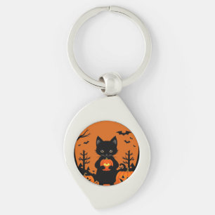 Porte-clés Joli Chat Noir avec des Citrouilles d'Halloween
