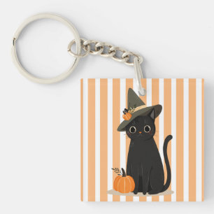 Porte-clés Joli chat noir d'Halloween avec chapeau de sorcièr