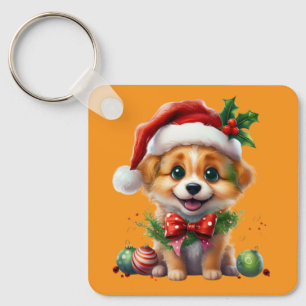 Porte-clés Joli chiot de Noël avec le chapeau de Père Noël et