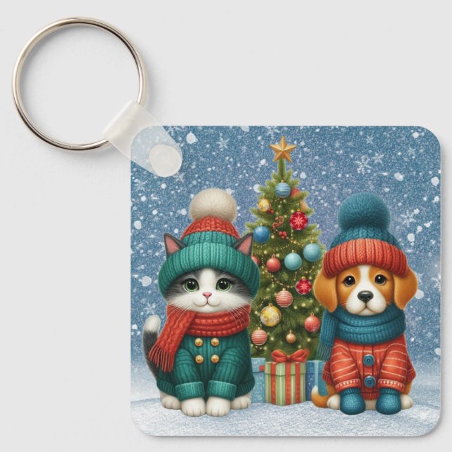 Porte-clés Joli chiot de Noël & chaton (Recto)