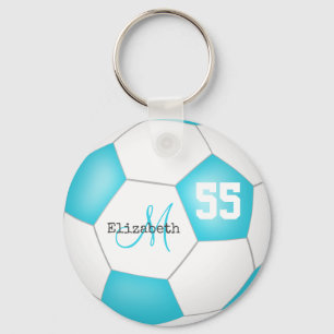 Porte-clés joli football féminin bleu turquoise et blanc