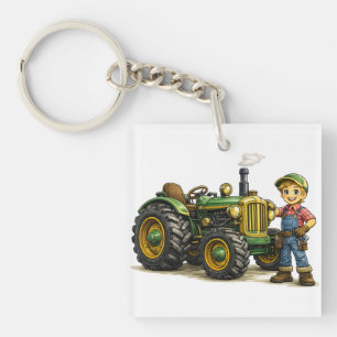 Porte-clés Joli Garçon Fermier Avec Art De Tracteur Vert Vint