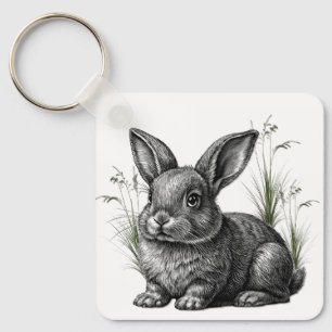 Porte-clés Joli lapin gris parmi les herbes