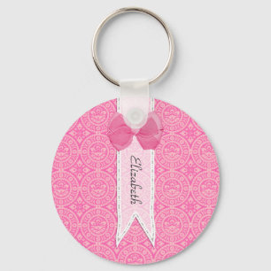 Porte-clés Joli Médaillon rose Damask Mignonne Bow avec nom