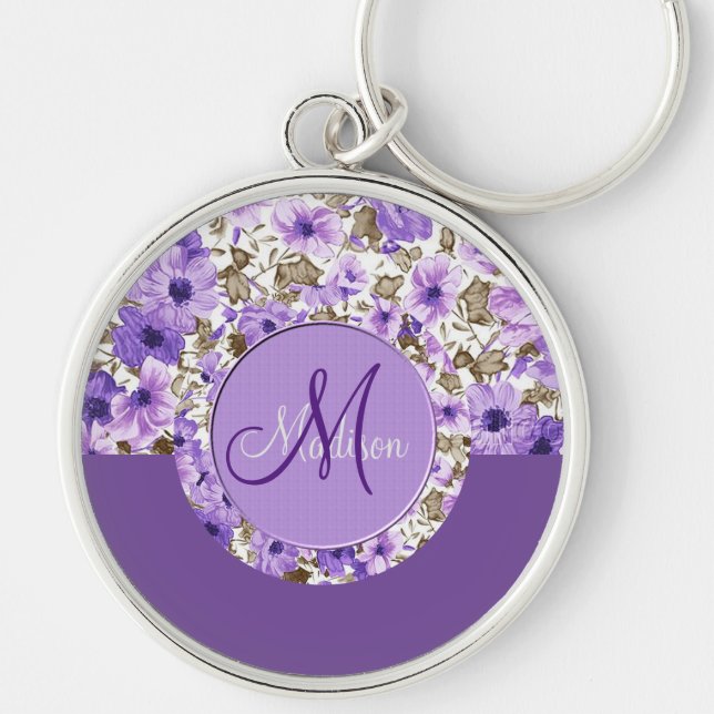 Porte-clés Joli Monogramme violet et blanc Porte - clé floral (Devant)