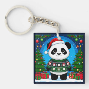 Porte-clés Joli panda en pull de Noël portant un chapeau de P