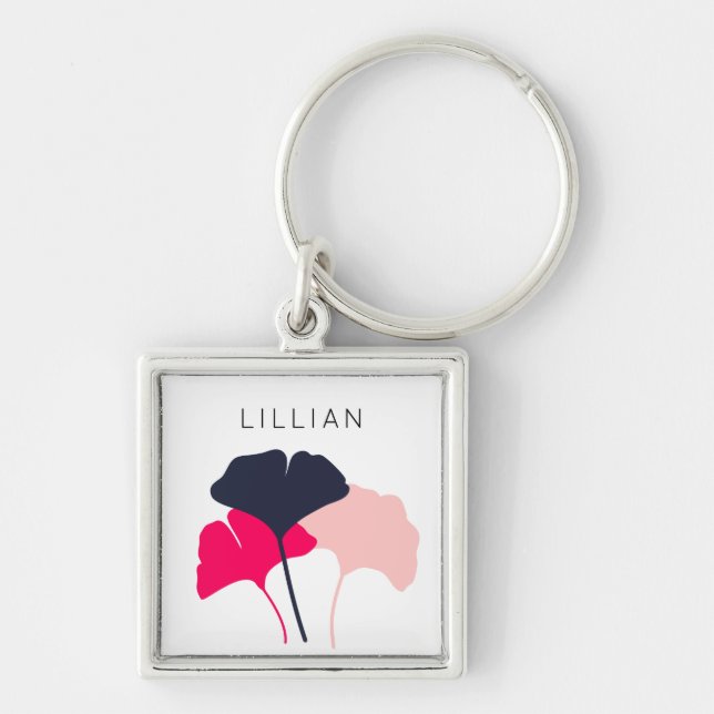 Porte-clés Joli Personnalisé Marine Bleu & Rose Feuilles Gink (Devant)