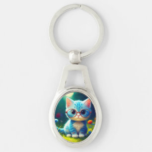 Porte-clés Joli petit chaton bleu portant des lunettes-47067