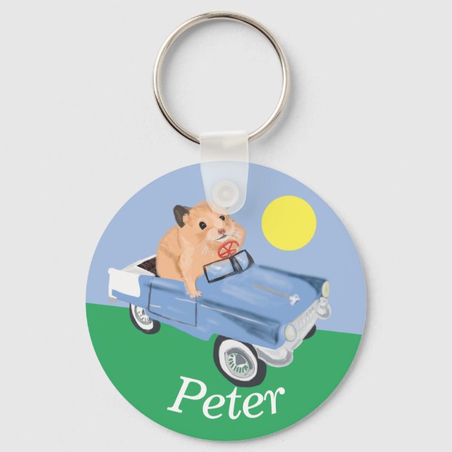 Porte-clés Joli petit hamster Conduire une voiture bleue (Recto)