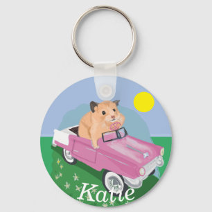 Porte-clés Joli petit hamster Conduire une voiture rose
