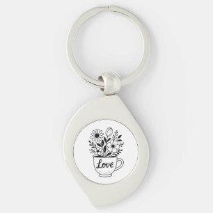 Porte-clés Jolie Coupe de Thé Noir avec Design de Fleurs