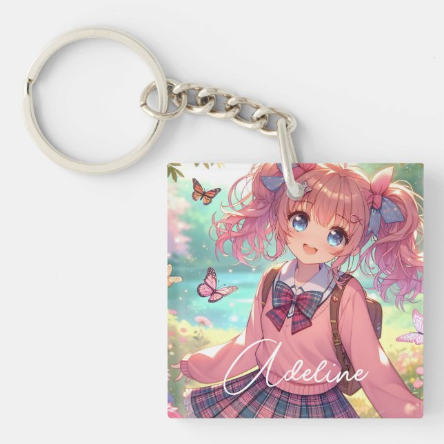 Porte-clés Jolie fille Anime en Pigtails Roses (Devant)