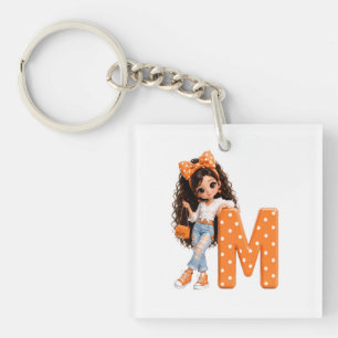 Porte-clés Jolie Fille avec Lettre M Plaid