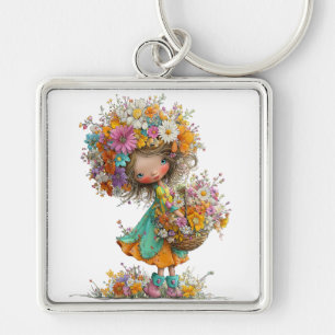 PORTE-CLÉS JOLIE FILLE ÉTÉ CAPRICIEUSE AVEC PETITES FLEURS