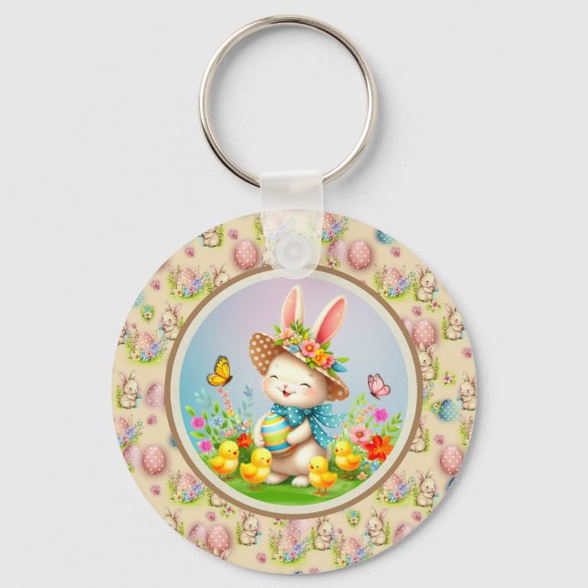 Porte-clés Jolie Lapin de Pâques et joyeux Fleurs de Printemp (Recto)