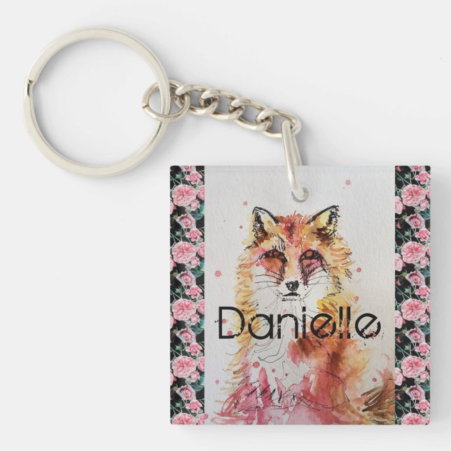 Porte-clés Jolie Renard Rouge Aquarelle Rose Filles Dames (Devant)