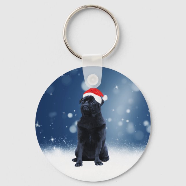 Porte-clés Jote Chien Carlin noir Noël Santa Hat Étoiles de n (Recto)