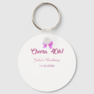 Porte-clés Joyeux 40e anniversaire nom date mauve rose ruban