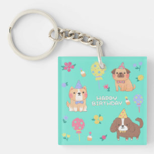 Porte-clés Joyeux anniversaire : Chiens, Ballons et Fleurs
