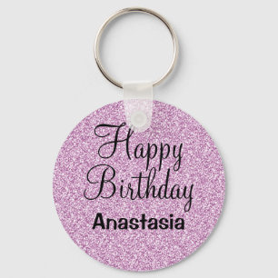 Porte-clés Joyeux Anniversaire Violet Paillettes Nom Brillant