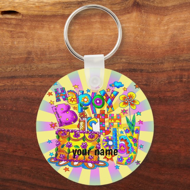 Porte-clés Joyeux Birthday Cake nom personnalisé (Recto)