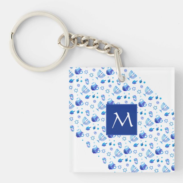 Porte-clés Joyeux Hanoukka Party beau Monogramme bleu (Devant)