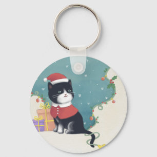 Porte-clés Joyeux Noël : Art d'illustration de chat