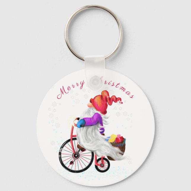Porte-clés Joyeux Noël - Gnome drôle avec vélo et cadeaux (Recto)