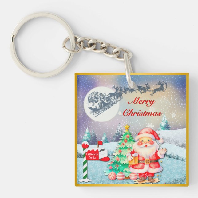 Porte-clés Joyeux Noël Père Noël, Sleigh, Reindeer, Snowflake (Devant)