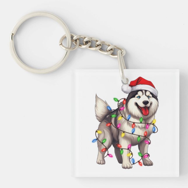 Porte-clés Joyeux Noël Sibérien Husky avec Santa Hat (Devant)