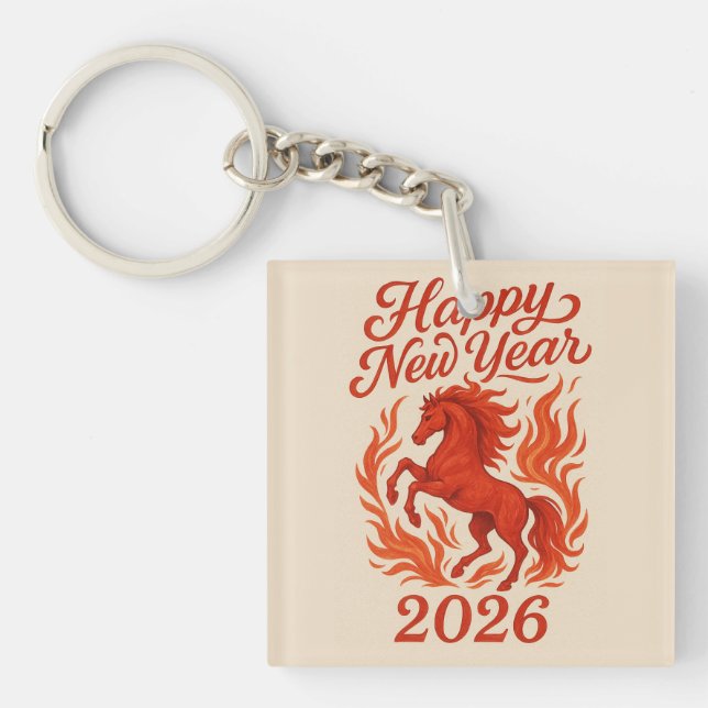 Porte-clés Joyeux Nouvel An 2026 Cheval Fiery (Devant)