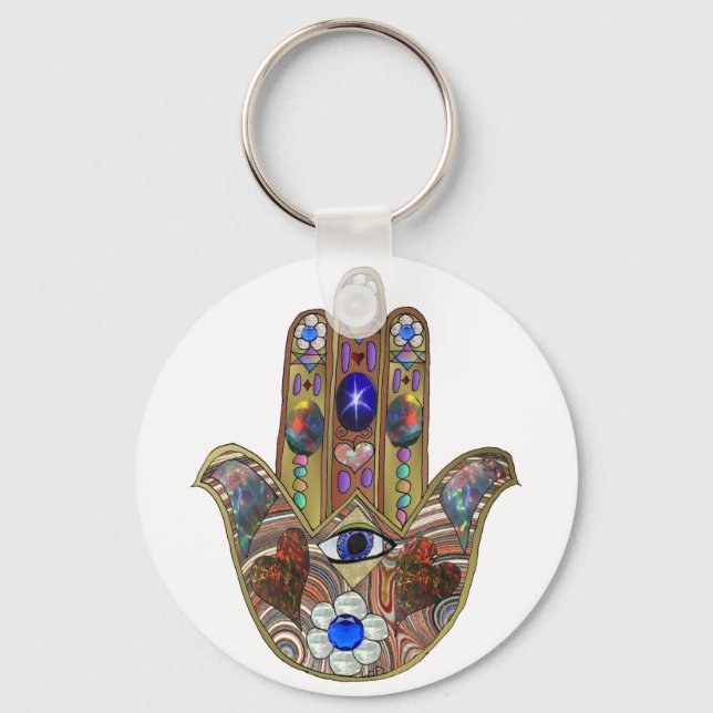 Porte-clés Judaica Hamsa Coeurs Fleurs Opal Art Imprimer (Recto)