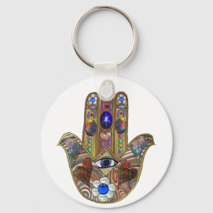 Porte-clés Judaica Hamsa Cœurs Fleurs Opale Art Imprimé