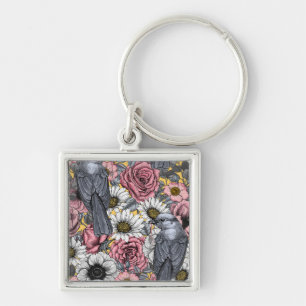 Porte-clés Jus gris et fleurs