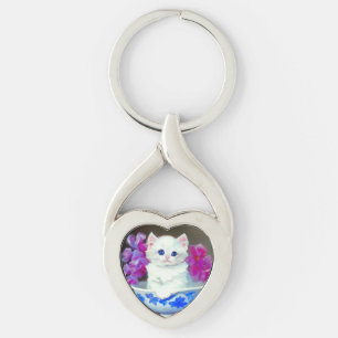 Porte-clés Kitten blanc vintage aux fleurs roses