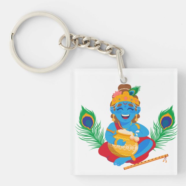 Porte-clés Krishna avec beurre pot plumes de paon (Devant)