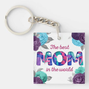 Porte-clés La meilleure MOM dans le monde Violet bleu Floral