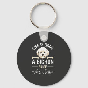 Porte-clés La vie est bonne Bichon Frise Os de Chien Fourrure