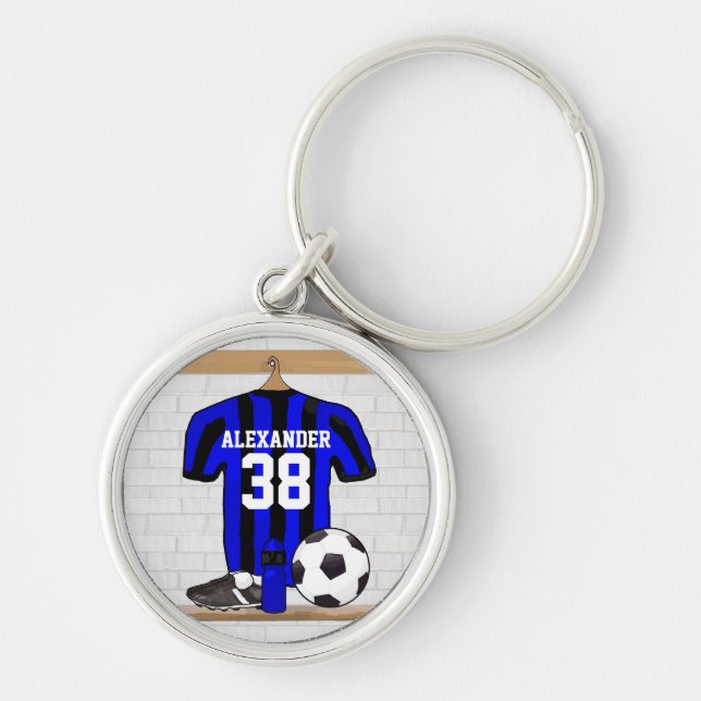 Porte-clés Le football Jersey rayé bleu et noir personnalisé (Devant)