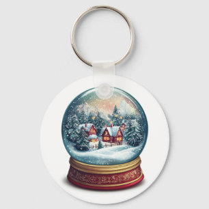 Porte-clés Le globe de neige de Noël avec un design de villag