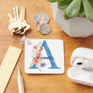 Porte-clés LETTRE Florale Aquarelle personnalisée Un monogram