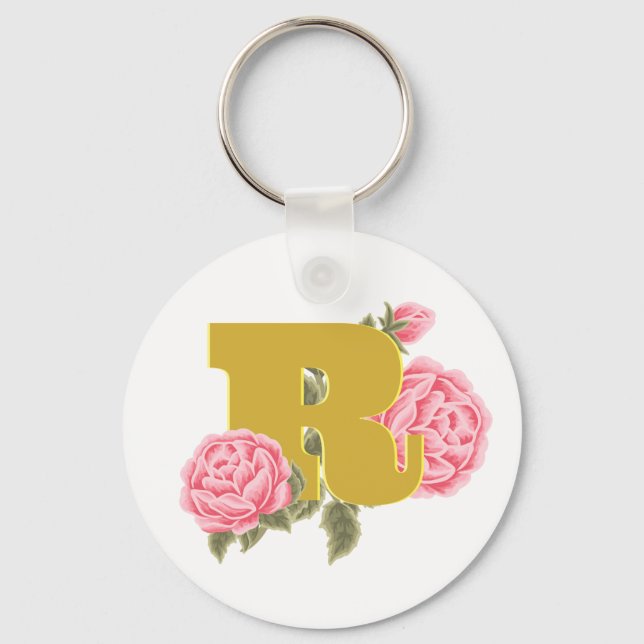 Porte-clés Lettre initiale du Rose floral Monogramme Nom Coup (Recto)