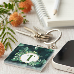 Porte-clés Lettre monogramme personnalisé Plante feuille mais