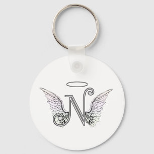 Porte-clés Lettre N Monogramme initial avec ailes angéliques 