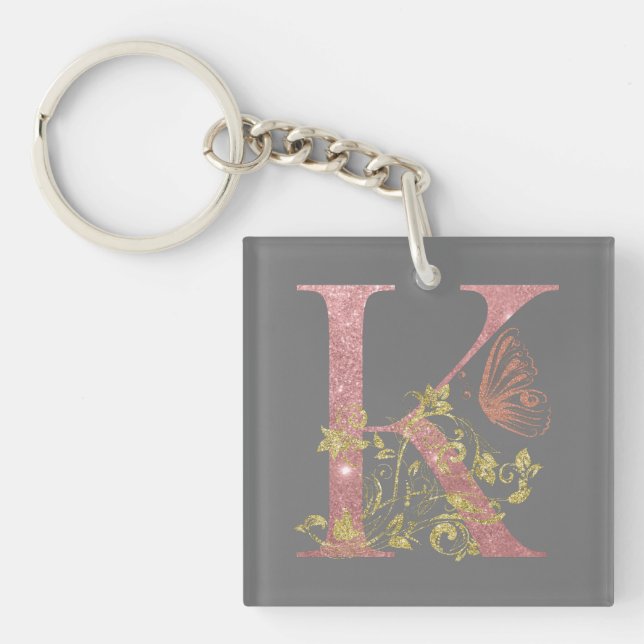 Porte-clés LETTRE Parties scintillant rose FLASH K (Devant)