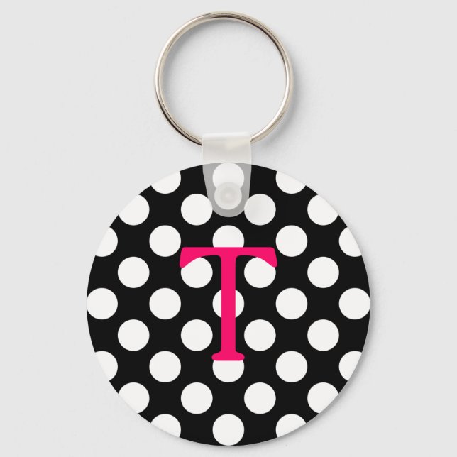 Porte-clés Lettre rose chaude T Monogramme Noir Blanc Polka P (Recto)