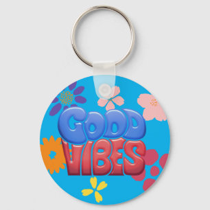 Porte-clés Lettres bulles Good Vibes et fleurs hippy