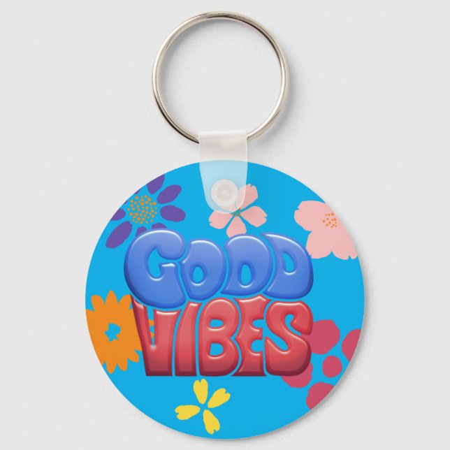 Porte-clés Lettres bulles Good Vibes et fleurs hippy (Recto)